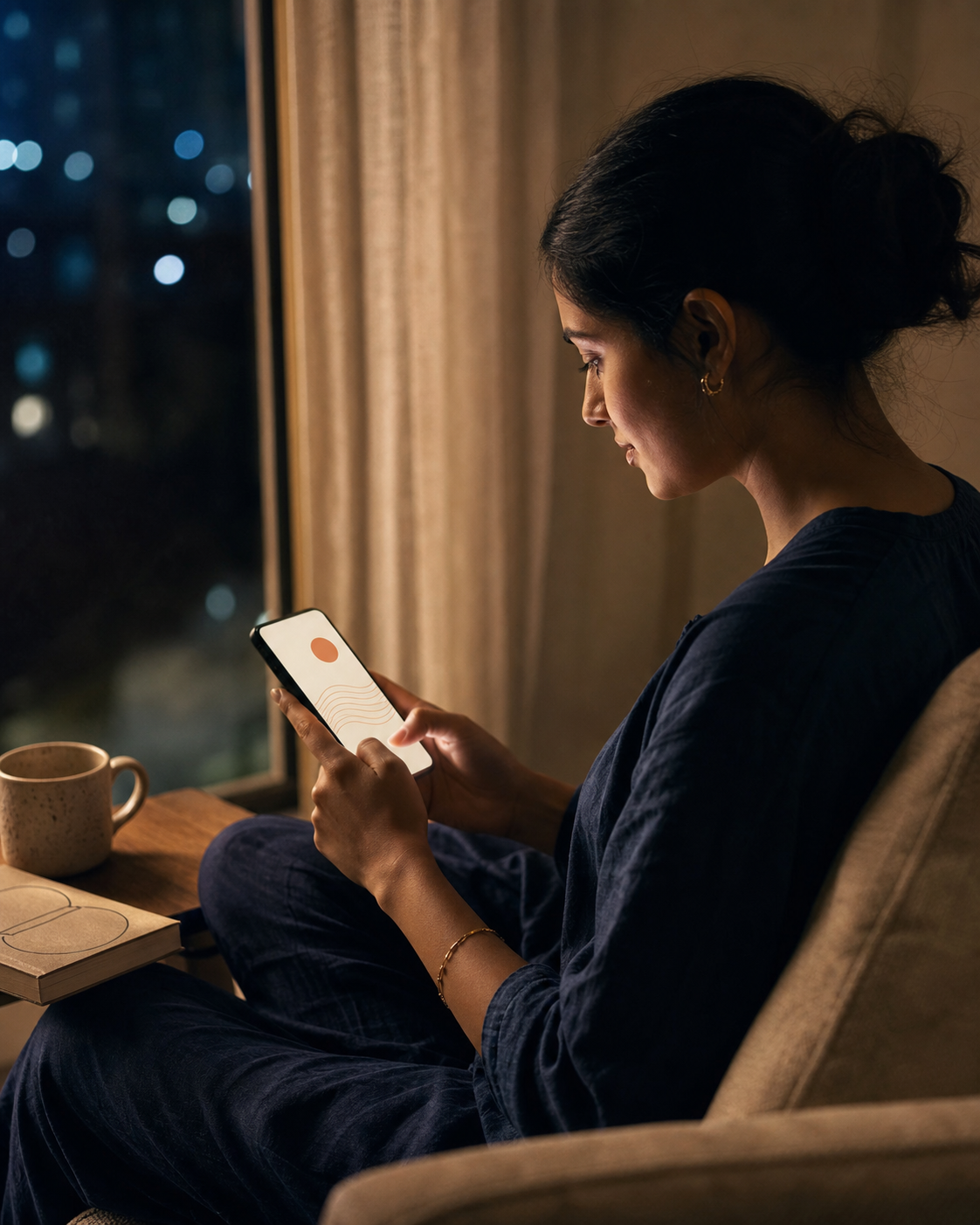 A woman using Preraṇā on her phone by a window at night